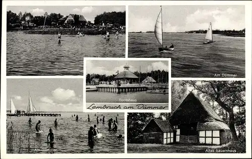 Ak Lembruch in Niedersachsen, Altes Bauernhaus, Strandpartie, Am Dümmer, Segelboote, Bootshaus