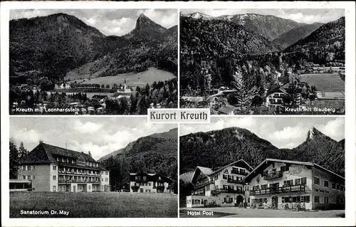 Ak Kreuth am Tegernsee Oberbayern, Blauberg, Hotel Post, Sanatorium Dr. May, Leonhardstein