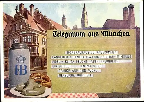 Ak München, Hofbräuhaus, Telegramm, Bierkrug, Brezn, Weißwürscht, Altstadtpartie