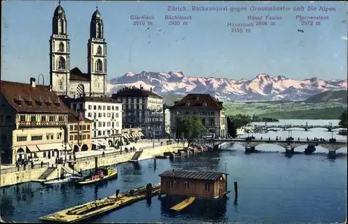 Ak Zürich Stadt Schweiz, Stadt gegen Großmünster, Alpen, Glärnisch, Pfannenstock, Böser Faulen