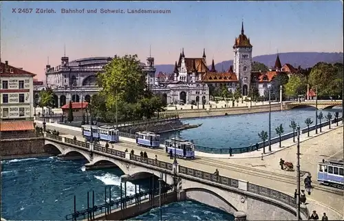 Ak Zürich Stadt Schweiz, Bahnhof, Schweiz. Landesmuseum