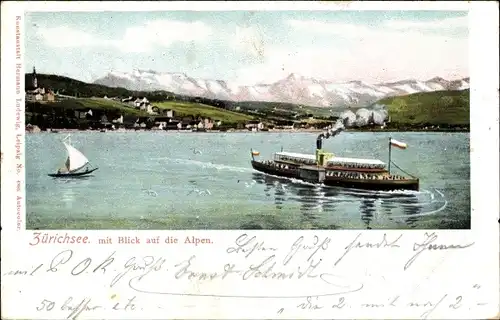 Ak Kanton Zürich Schweiz, Zürichsee, Blick auf die Alpen, Salondampfer