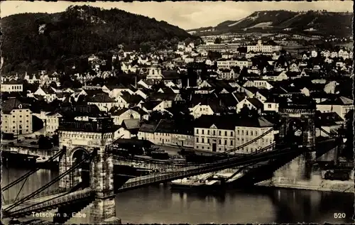 Ak Děčín Tetschen an der Elbe Region Aussig, Gesamtansicht, Brücke