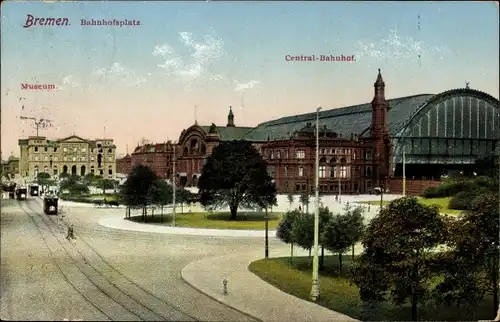 Ak Hansestadt Bremen, Central Bahnhof, Straßenseite, Bahnhofsplatz, Museum