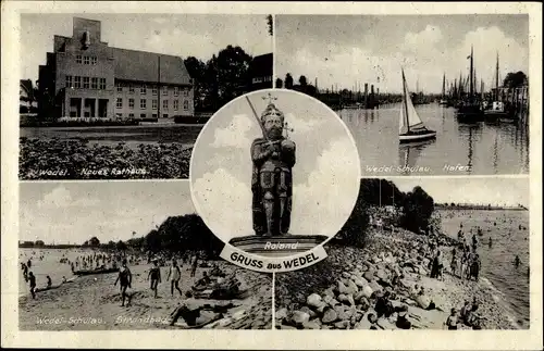 Ak Schulau Wedel im Kreis Pinneberg, Hafen, Roland, Strandbad, Neues Rathaus
