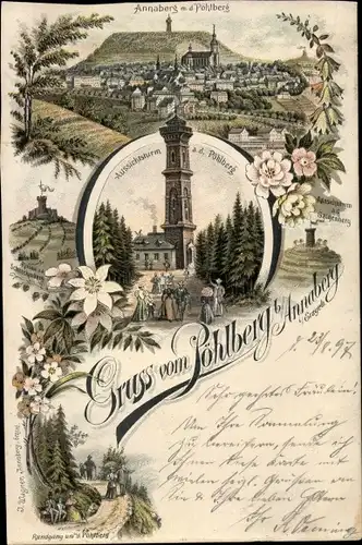 Litho Annaberg Buchholz Erzgebirge, Pöhlberg, Aussichtsturm, Galgenberg, Panorama vom Ort