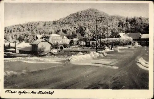 Ak Oybin in der Oberlausitz, am Bahnhof im Winter