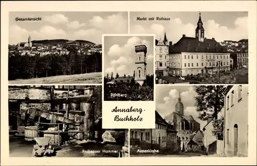 Ak Annaberg Buchholz im Erzgebirge, Total, Rathaus, Markt, Frohnauer Hammer, Annenkirche, Pöhlberg