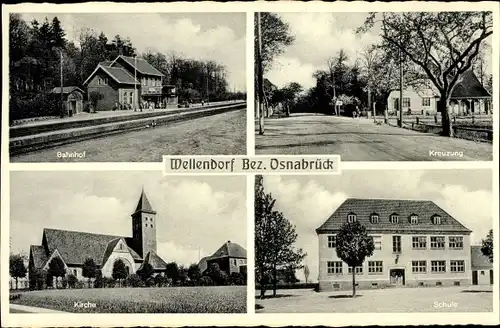 Ak Wellendorf Hilter am Teutoburger Wald, Schule, Kreuzung, Kirche, Bahnhof, Gleisseite