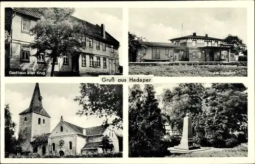 Ak Hedeper in Niedersachsen, Gasthaus alter Krug, Bahnhof, Kirche, Denkmal