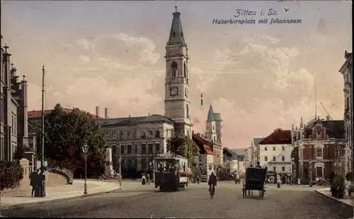 Ak Zittau in der Oberlausitz, Blick auf den Haberkornplatz, Johanneum, Straßenbahn