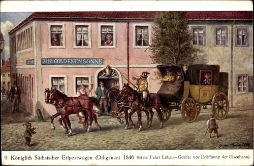 Künstler Ak Müller, G., Görlitz, Letzte Fahrt des Kgl. Sächsischer Eilpostwagen 1846, Gasthaus