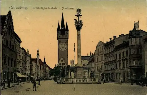 Ak Straubing an der Donau Niederbayern, Dreifaltigkeitskirche und Stadtturm 1907