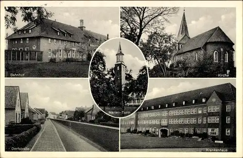 Ak Sande in Friesland, Bahnhof, Kirche, Marienturm, Dorfstraße, Krankenhaus