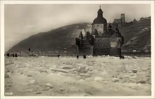 Ak Caub Kaub am Rhein, Burg Pfalzgrafenstein, Der zugefrorene Rhein 1929
