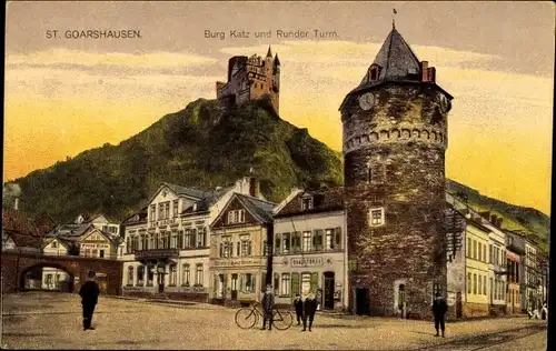 Ak Sankt Goarshausen am Rhein, Burg Katz und Runder Turm