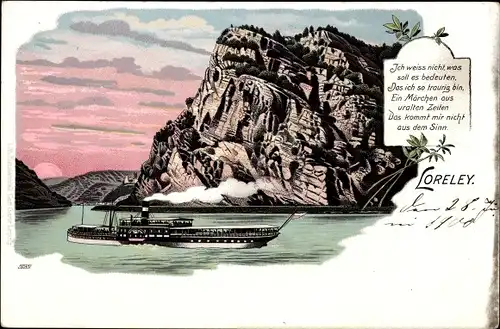 Litho Sankt Goarshausen am Rhein, Loreley, Dampfer