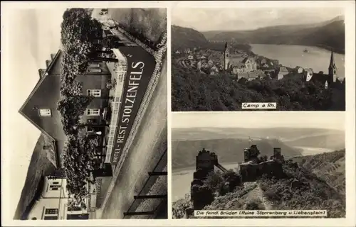 Ak Kamp Bornhofen am Rhein, Gasthof Stolzenfels, feindliche Brüder, Ruine Sterrenberg, Liebenstein