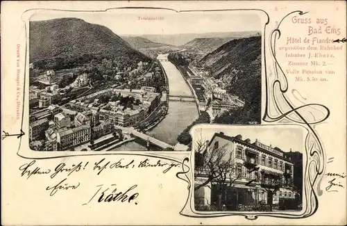 Ak Bad Ems an der Lahn, Hotel de Flandre, Inh. J. Eberz, Panorama