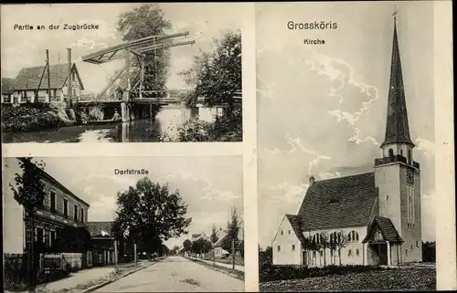 Ak Groß Köris im Kreis Dahme Spreewald, Kirche, Zugbrücke, Dorfstraße