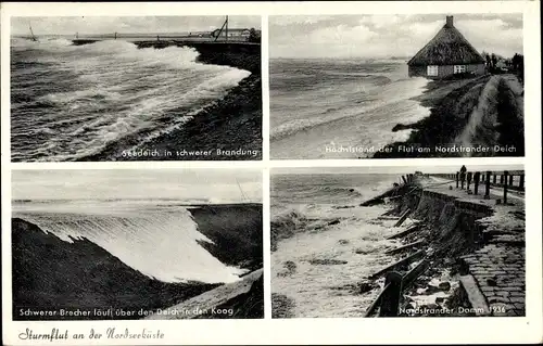 Ak Insel Nordstrand in Nordfriesland, Seedeich in schwerer Brandung, Damm, Sturmflut