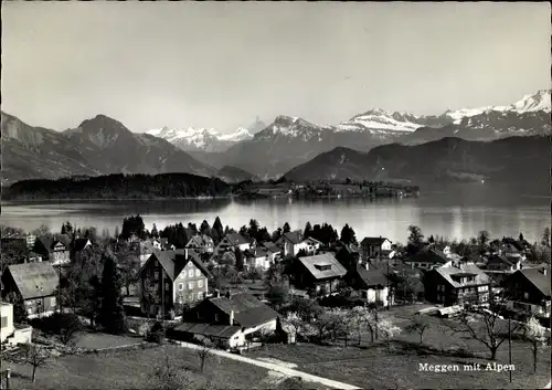 Ak Meggen Kanton Luzern, Panorama mit Alpen