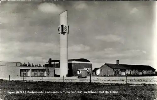 Ak Espel Flevoland Niederlande, Protestants Kerkcentrum Una Sancta en School met de Bijbel