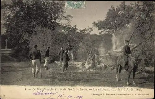 Ak Fontainebleau Seine et Marne, Le feu dans la Foret, La chute du Clovis