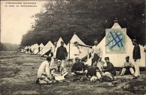 Ak Fontainebleau Seine et Marne, L'Infanterie Coloniale au Camp