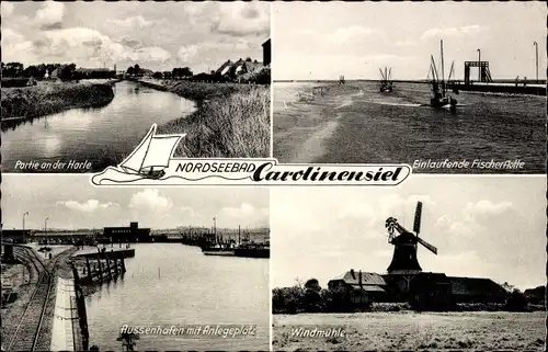 Ak Carolinensiel Wittmund in Ostfriesland, Harlepartie, Windmühle, Fischerflotte