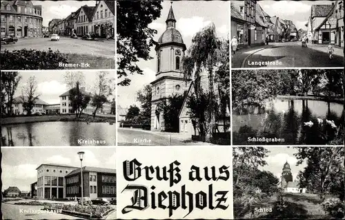 Ak Diepholz in Niedersachsen, Kirche, See, Straßenpartie, Häuser