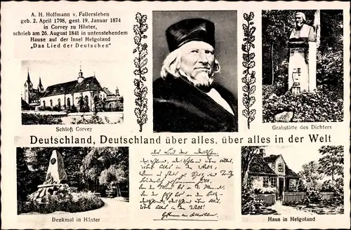 Ak Höxter in Nordrhein Westfalen, A. H.Hoffmann v. Fallersleben, Schloss Corvey, Denkmal, Helgoland