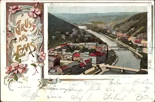 Passepartout Litho Bad Ems an der Lahn, Panorama vom Ort