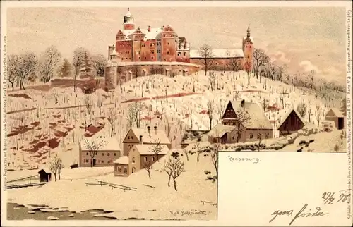 Künstler Litho Hoffmann, Rud., Rochsburg Lunzenau in Sachsen, Blick auf das Schloss, Winterszene