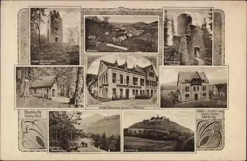 Ak Nürburg in der Eifel, Ruine, Blockhütte Hohe Acht, Hotel Graf v. Hochstaden, z. wilden Schwein