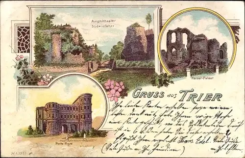 Litho Trier an der Mosel, Porta Nigra, Kaiserpalast, Amphitheater