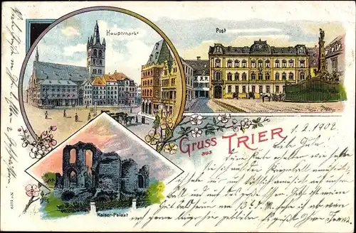 Litho Trier an der Mosel, Kaiserpalast, Hauptmarkt, Post