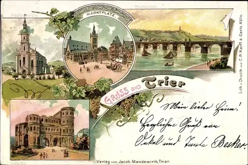 Litho Trier in Rheinland Pfalz, Marktplatz, Paulinskirche, Porta Nigra, Marktplatz