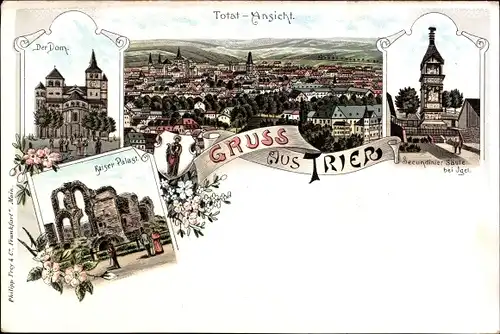 Litho Trier an der Mosel, Kaiserpalast, Dom, Secundinersäule, Gesamtansicht