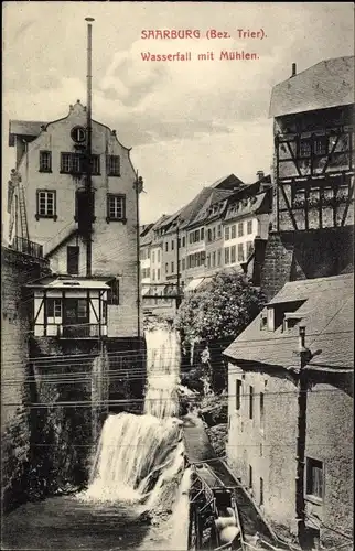 Ak Saarburg an der Saar Bezirk Trier, Wasserfall mit Mühlen