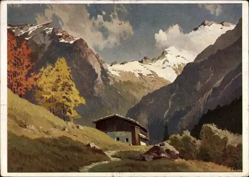 Künstler Ak Süßmayr, J., Zillertal Tirol, Alm, Berghütte