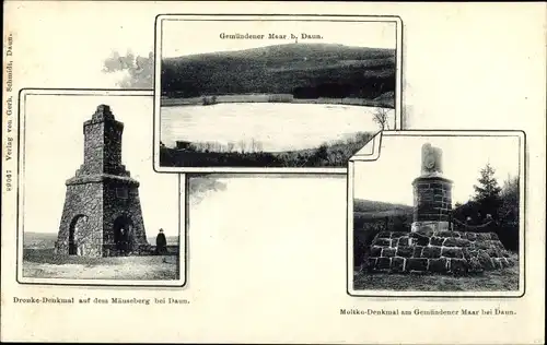 Ak Schalkenmehren in der Eifel, Gemündener Maar, Mäuseberg, Dronke-Denkmal, Moltke-Denkmal