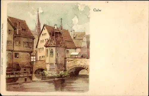 Litho Calw im Nordschwarzwald, Flusspartie, Brücke, Nikolauskapelle 