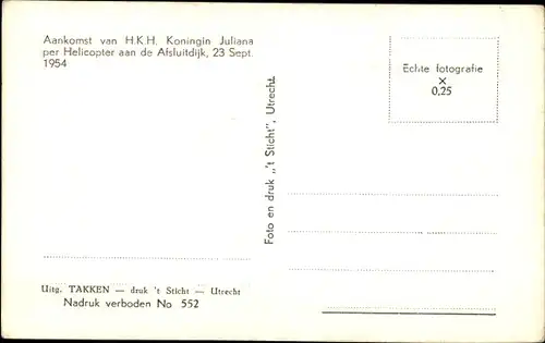 Ak Königin Juliana der Niederlande, Aankomst per Helicopter Salome aan de Afsluitdijk 1954