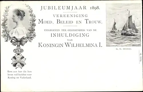 Ganzsachen Ak Amtseinführung Königin Wilhelmina, Porträt, Segelschiffe
