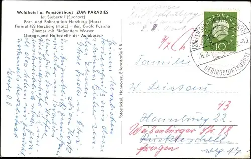 Ak Herzberg am Harz, Siebertal, Waldhotel, Pensionshaus Zum Paradies