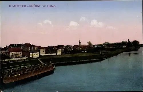 Ak Gröba Riesa an der Elbe Sachen, Blick auf den Ort mit Hafen