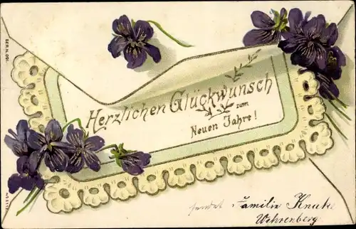 Ak Glückwunsch Neujahr, Veilchen, Briefumschlag