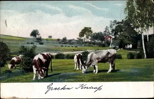 Ak Kühe auf der Wiese, Birken, Dorfszene