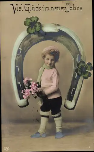 Ak Glückwunsch Neujahr, Kind, Hufeisen, Rosen, Glücksklee